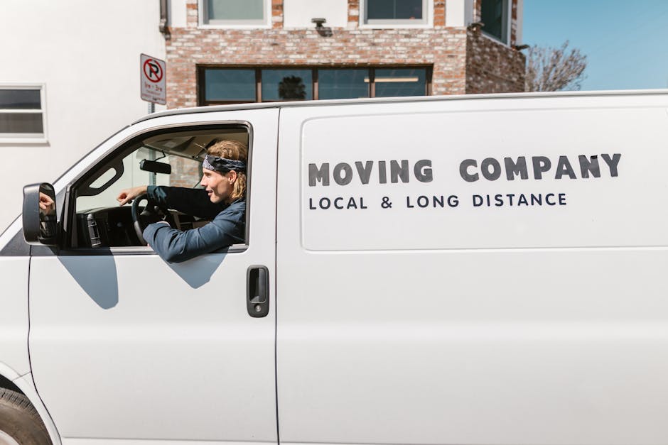 A man wearing a white shirt and glasses is seen unloading cardboard boxes from the back of a moving van parked on a residential street during sunset. The van's interior is visible, with several stacke